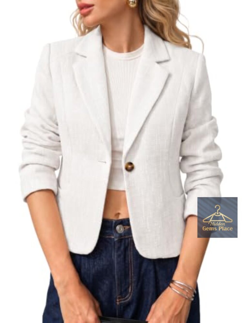 Cropped Tweed Blazer Notch Collar Button Long Sleeve Business Casual